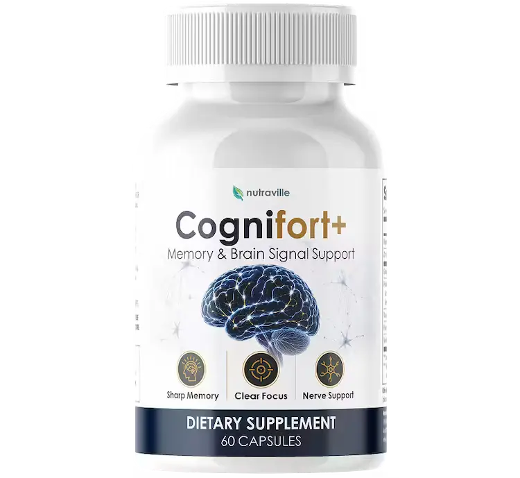 CogniFort Plus single bottle showing 60 plant-based memory support capsules
